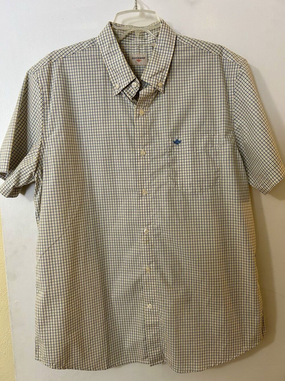 Dockers Men's L White/Blue/Yellow Check Cotton Blend Woven SS Button-Up Shirt